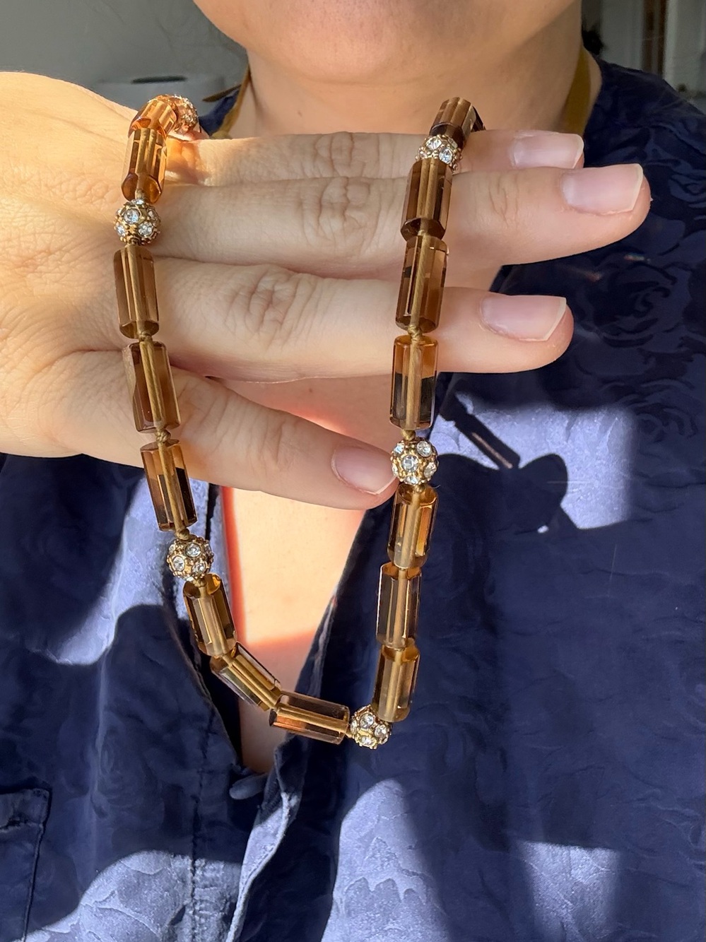 Vintage J.Crew Amber Lucite Beaded Necklace with Pave Crystal Spacers